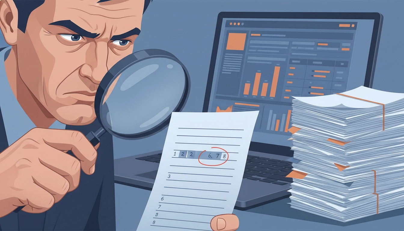 Inspecteur fiscal vérifiant une séquence de numérotation chronologique de factures avec un numéro manquant signalé