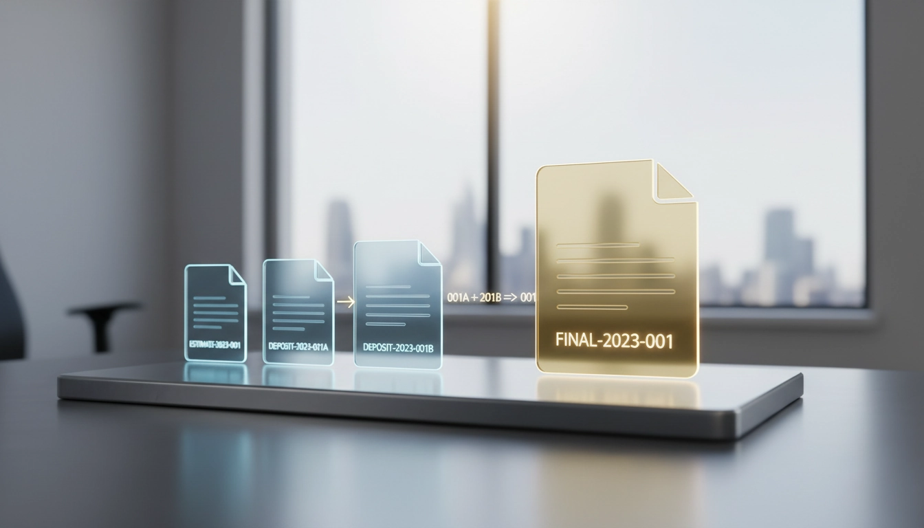Bureau professionnel organisé avec des documents comptables illustrant une série de factures spécifique acomptes et factures finales règles.