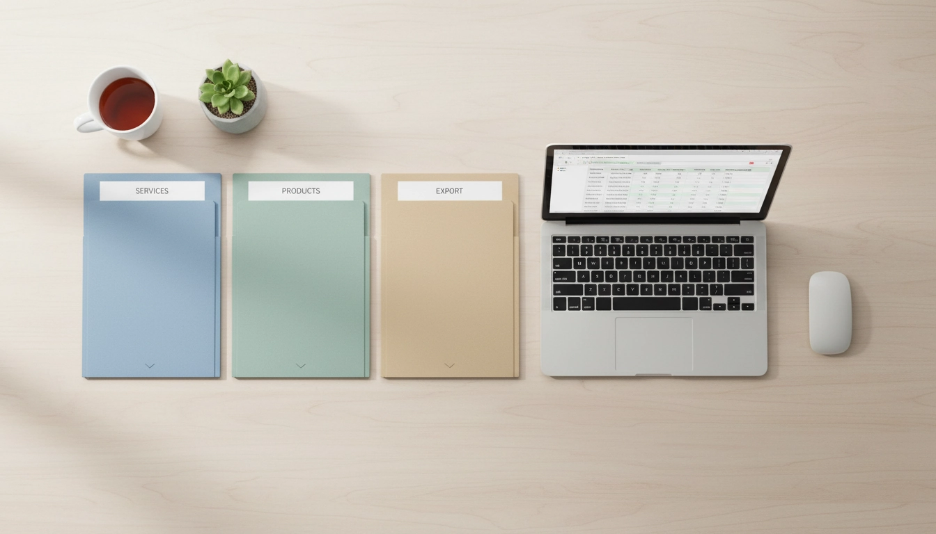 Bureau organisé avec des séries de factures distinctes rangées par dossiers colorés pour plusieurs activités d'auto-entrepreneur