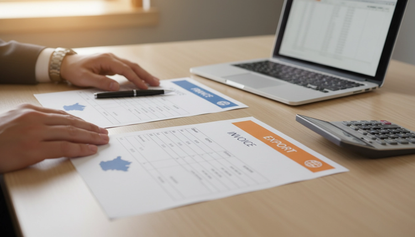 Comparaison de deux séries de factures distinctes pour la facturation France et export posées côte à côte sur un bureau professionnel