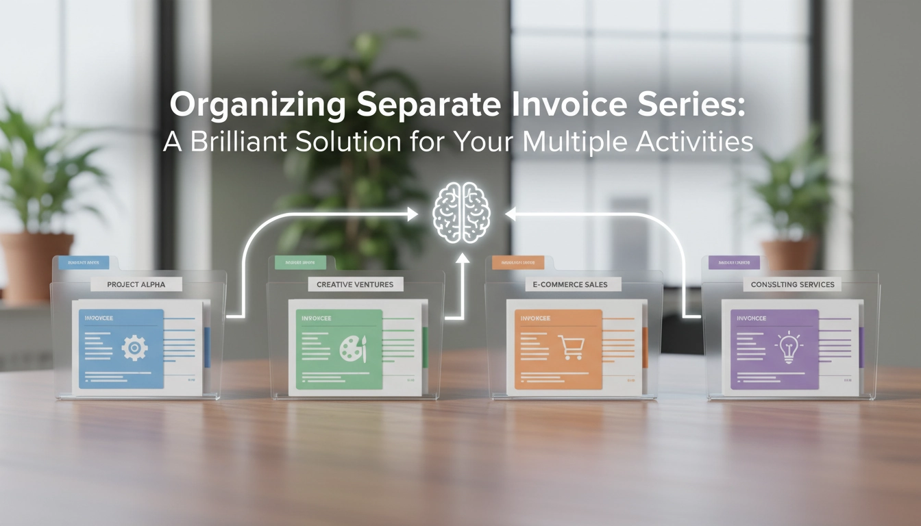 Entrepreneur organisant des séries de factures distinctes sur son bureau avec plusieurs dossiers colorés représentant différentes activités