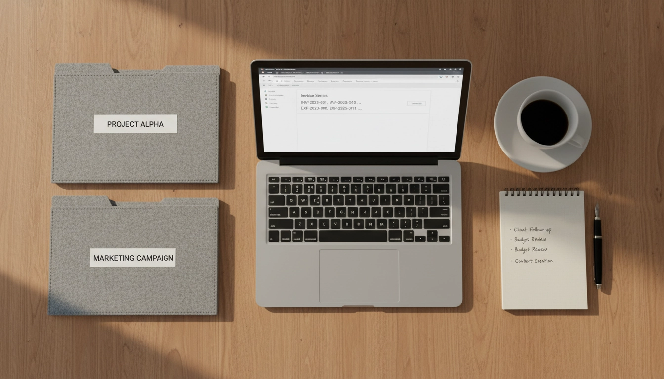 Bureau d'auto-entrepreneur avec deux dossiers représentant des séries de factures distinctes pour activités différentes