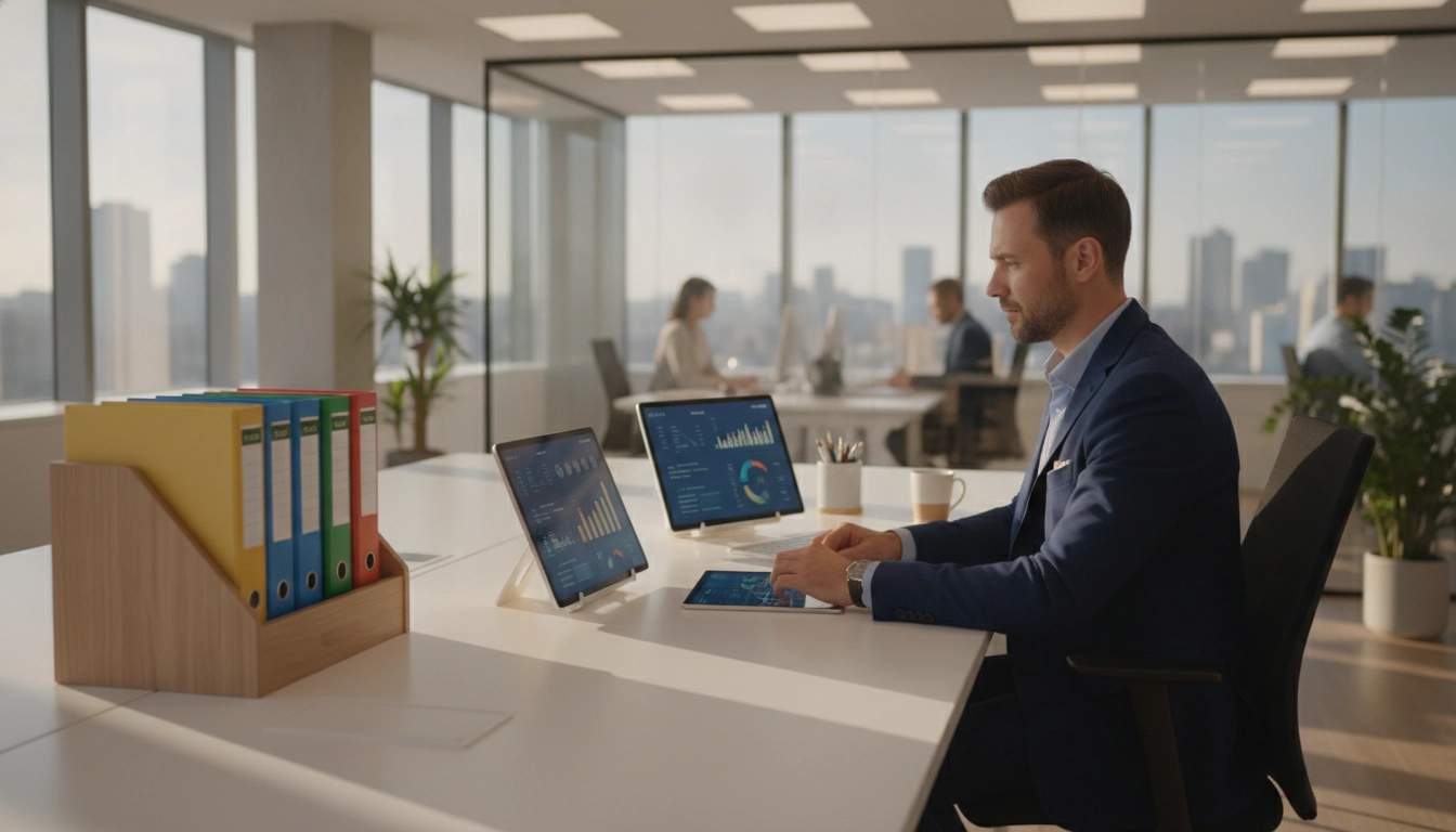 Un professionnel utilisant les 7 solutions légales reconstituer facture perdue comptabilité dans un bureau moderne.