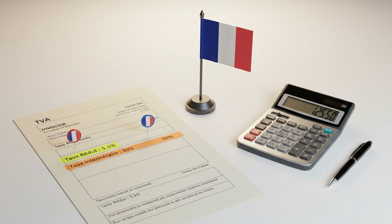 Facture professionnelle avec les taux de TVA réduits à 5,5% et 10% mis en évidence sur un bureau