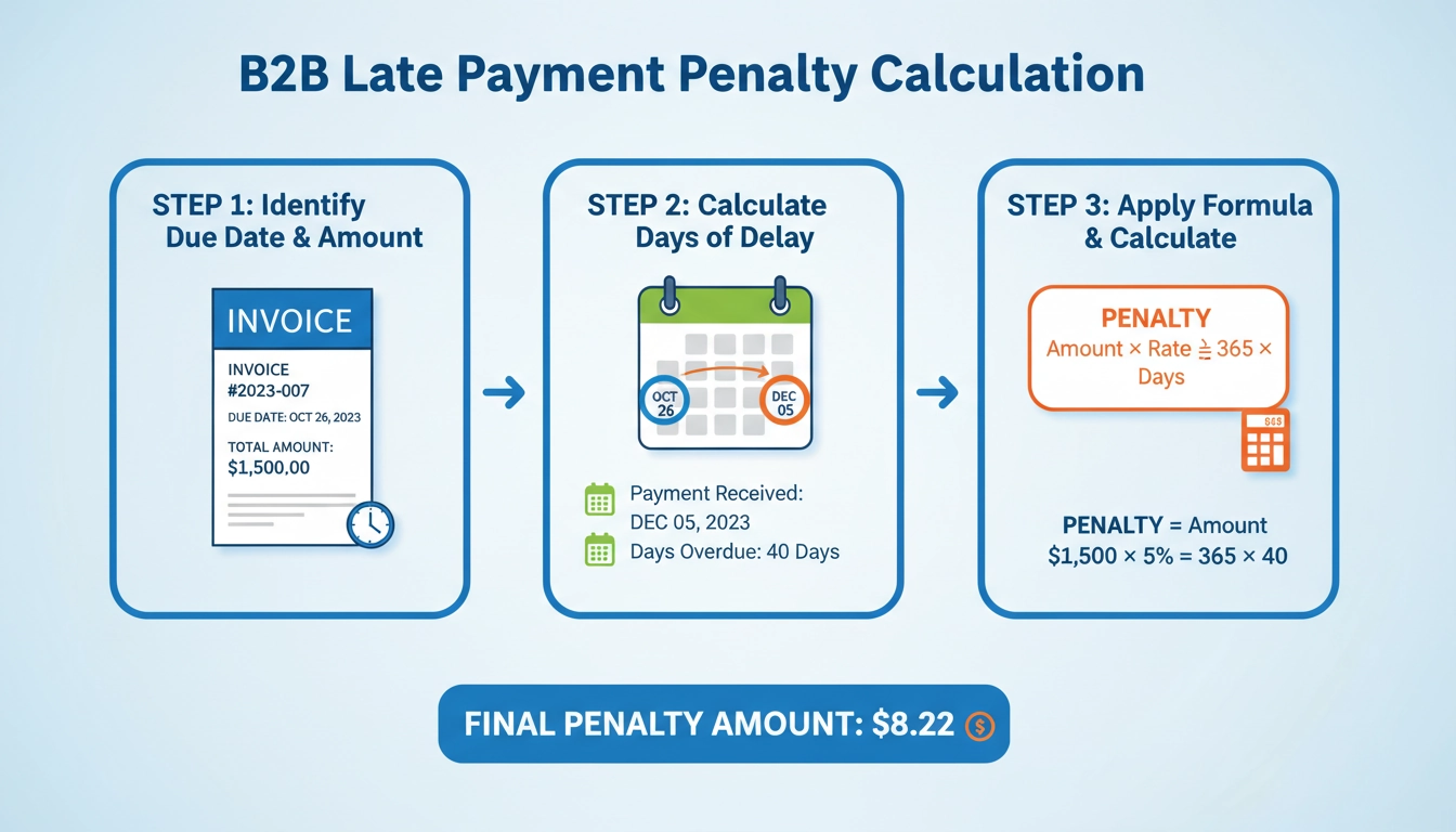 Infographie détaillée du taux légal des pénalités de retard facture B2B avec étapes de calcul