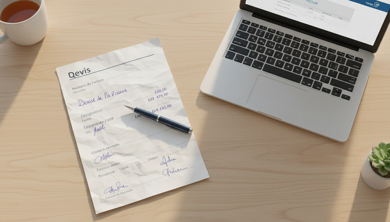 Transformer un devis accepté en facture d'acompte : document signé et interface de facturation sur bureau professionnel