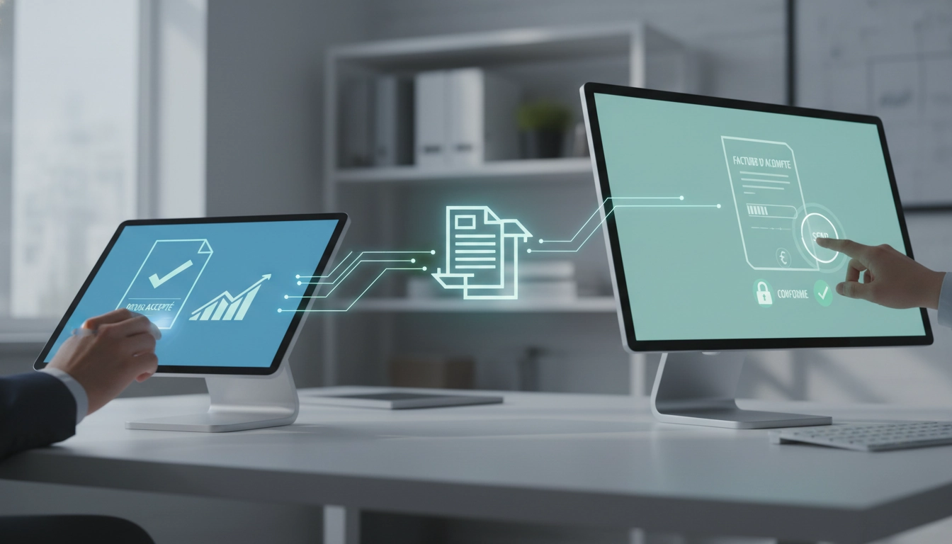 Processus de transformation d'un devis accepté en facture d'acompte conforme avec toutes les mentions obligatoires