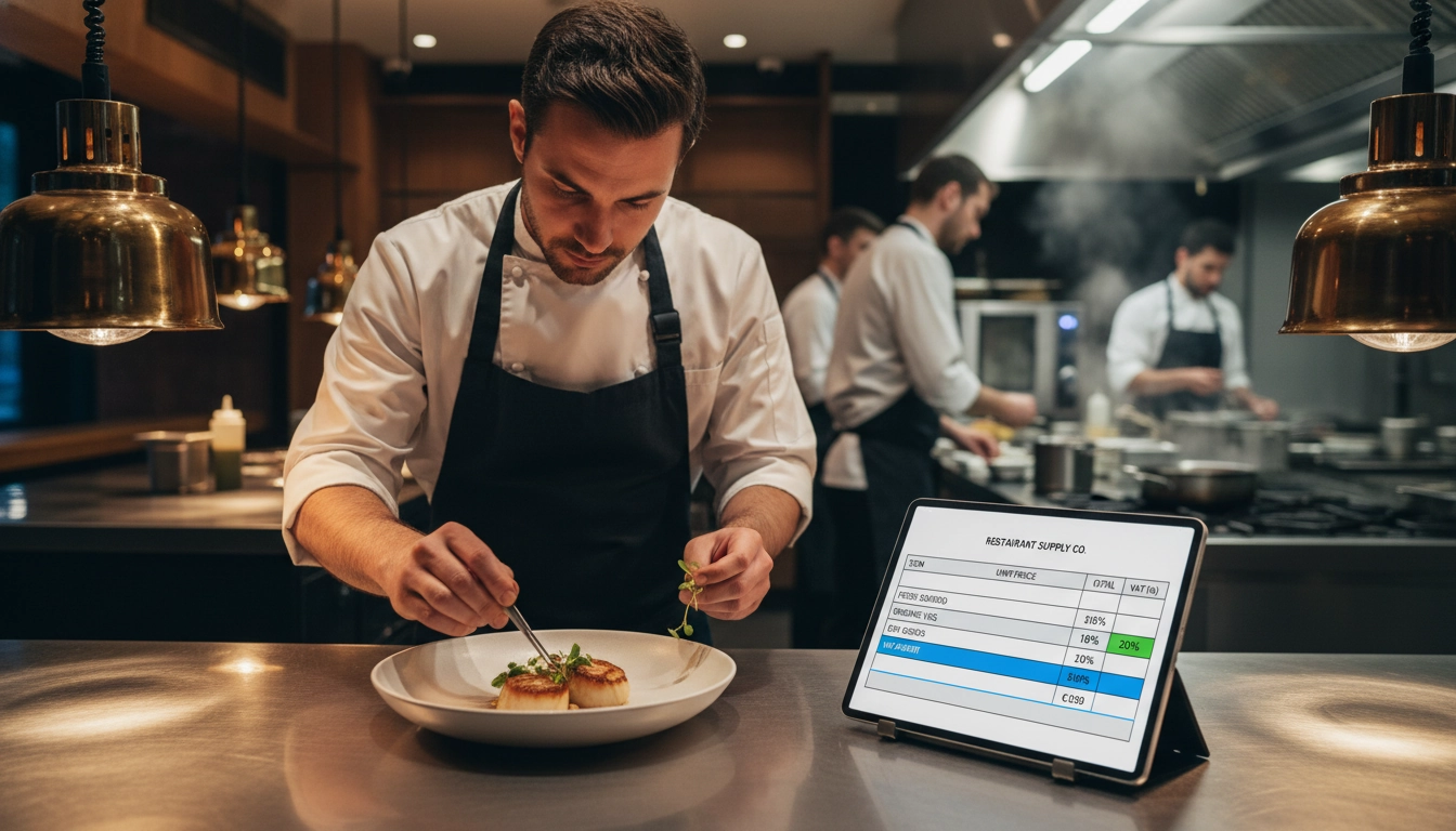 Chef en cuisine consultant une facture numérique avec le taux de TVA 10% restauration livraison repas mis en évidence