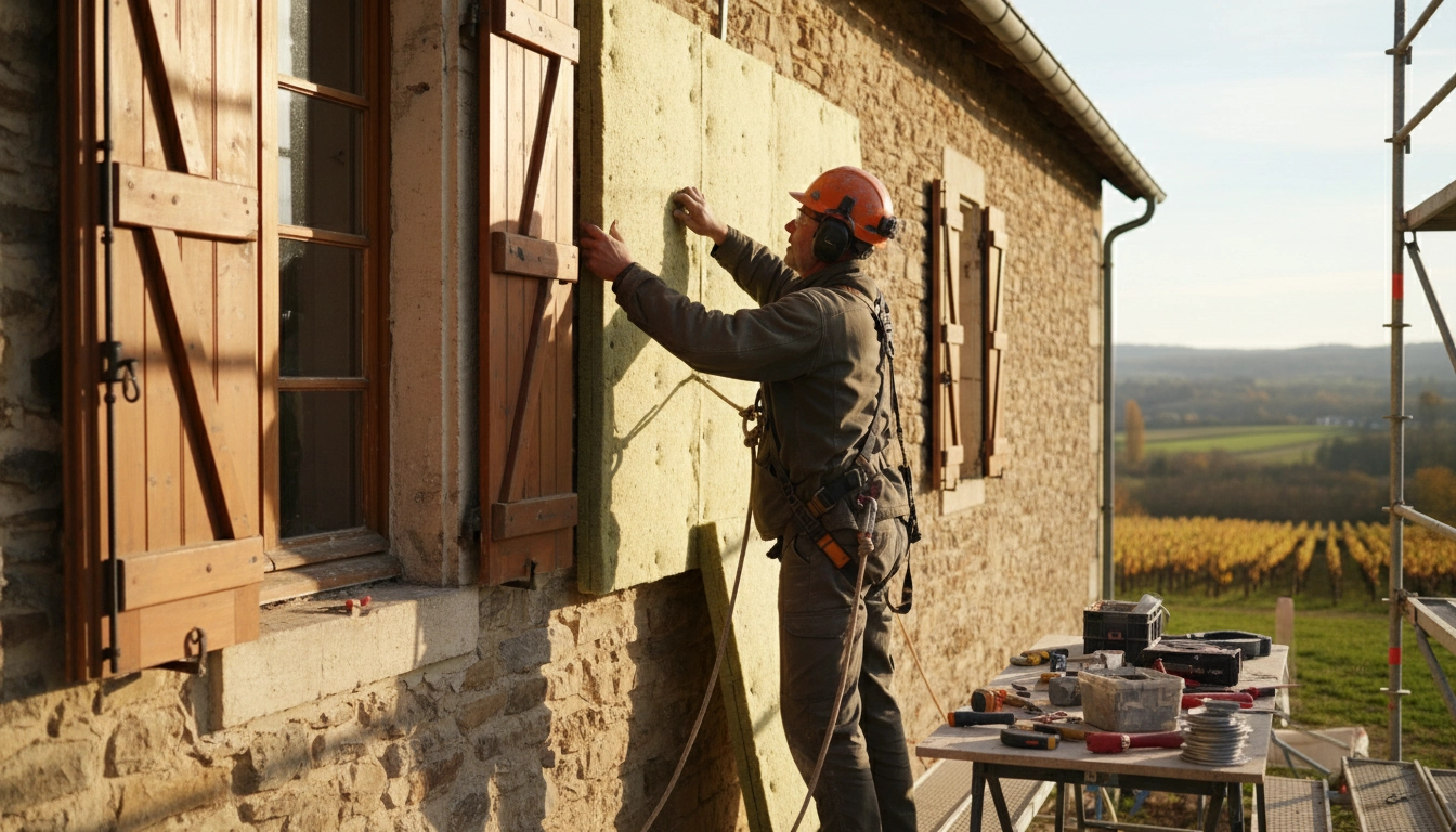 Artisan installant une isolation thermique par l'extérieur, travaux éligibles au taux de TVA 5,5% travaux rénovation énergétique