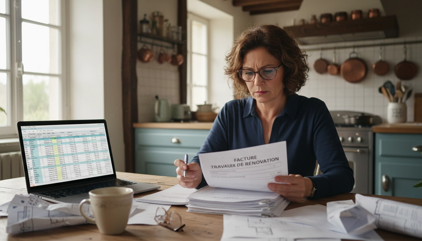 Propriétaire vérifiant une facture de rénovation énergétique avec les différents taux de TVA applicables