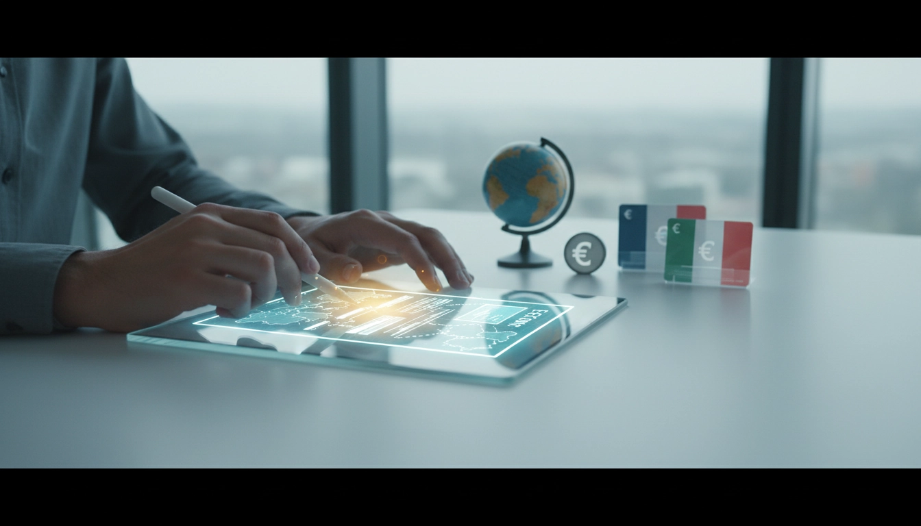 Un auto-entrepreneur travaillant sur son ordinateur pour gérer la TVA intracommunautaire auto-entrepreneur facture export Europe.