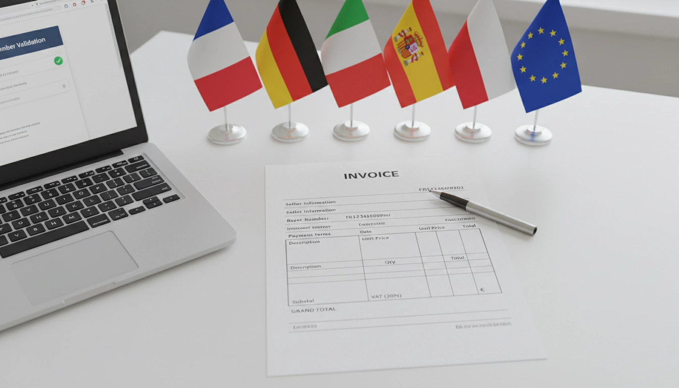 Document de TVA intracommunautaire sur facture avec numéros de TVA européens et drapeaux des pays de l'UE