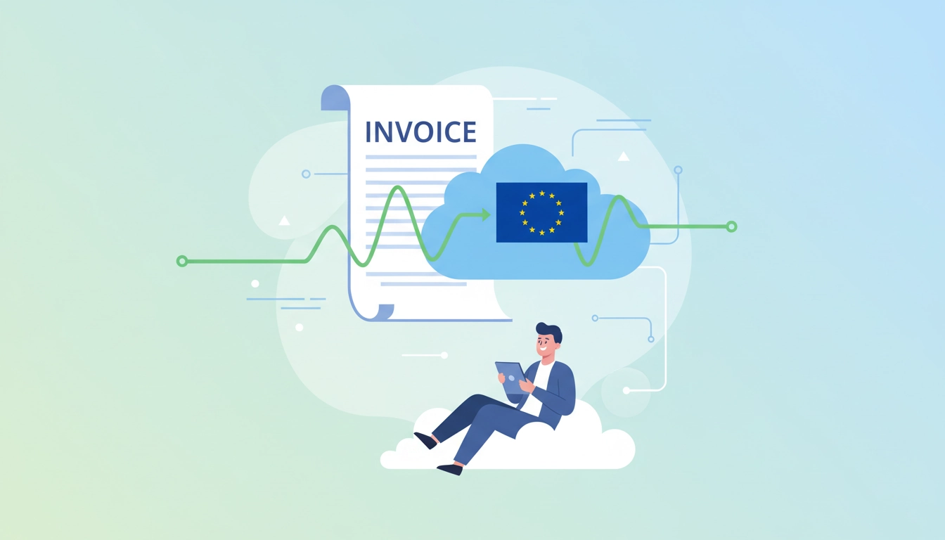 Entrepreneur français gérant la TVA intracommunautaire sur facture sur son ordinateur portable, avec une carte de l'Europe en arrière-plan