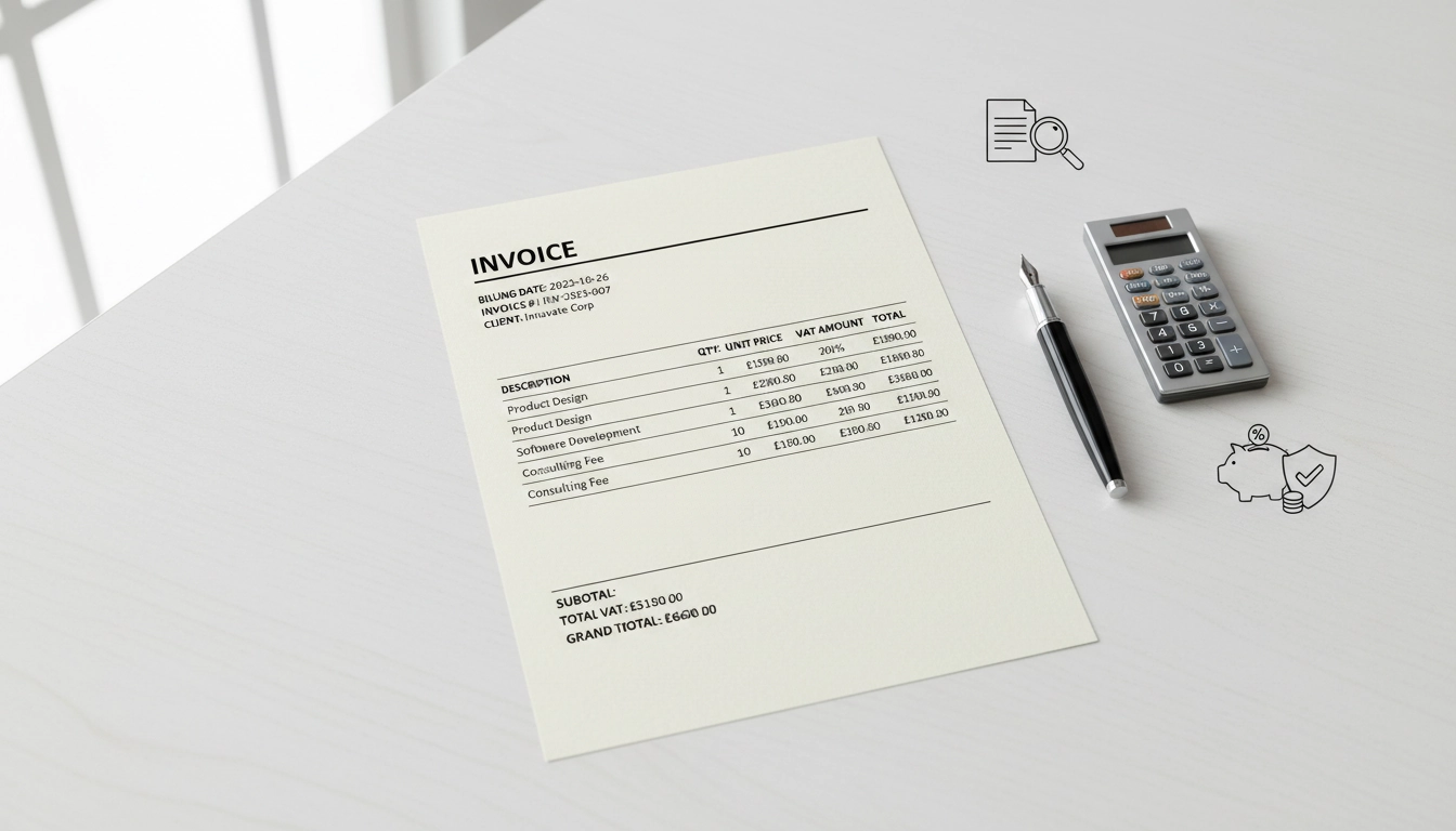 Document de facture professionnelle illustrant la TVA sur une facture avec taux et montants détaillés