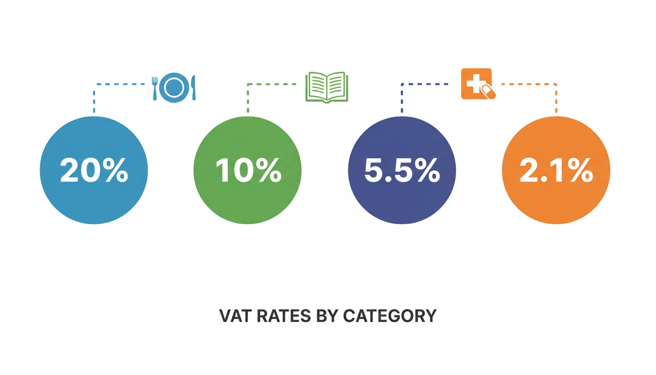 Infographie présentant les quatre taux de TVA applicables en France sur une facture selon le secteur d'activité