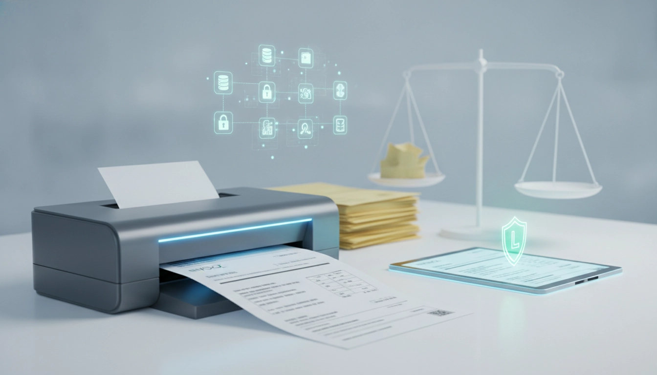 Bureau moderne avec scanner garantissant la valeur probante facture papier numérisée selon les normes.