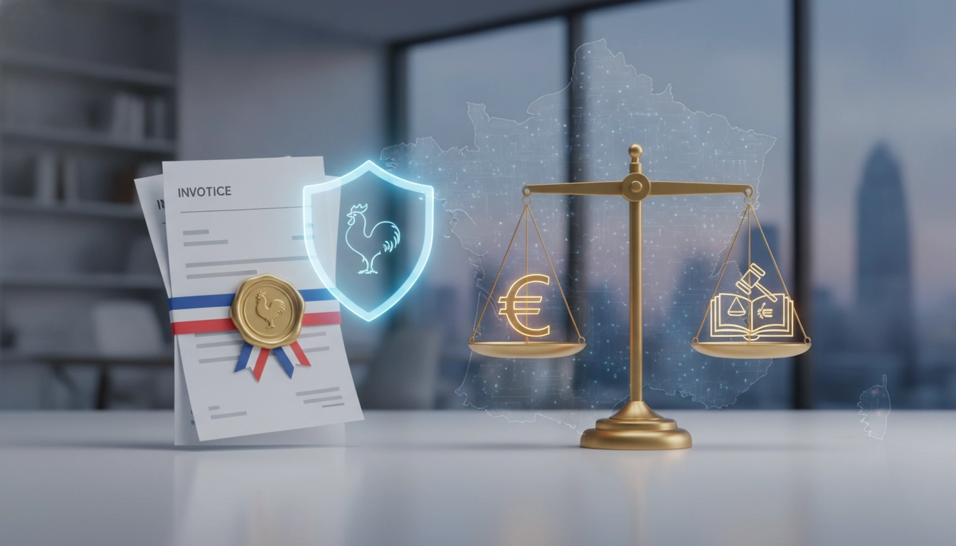 Un dirigeant d'entreprise vérifiant la conformité et la valeur probante factures obligations légales entreprise France sur son ordinateur.
